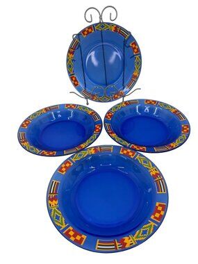 SET OF 4 COBALT BLUE GLASS ARCOROC 22 FRANCE KENTE FLAG 8.5" BOWLS